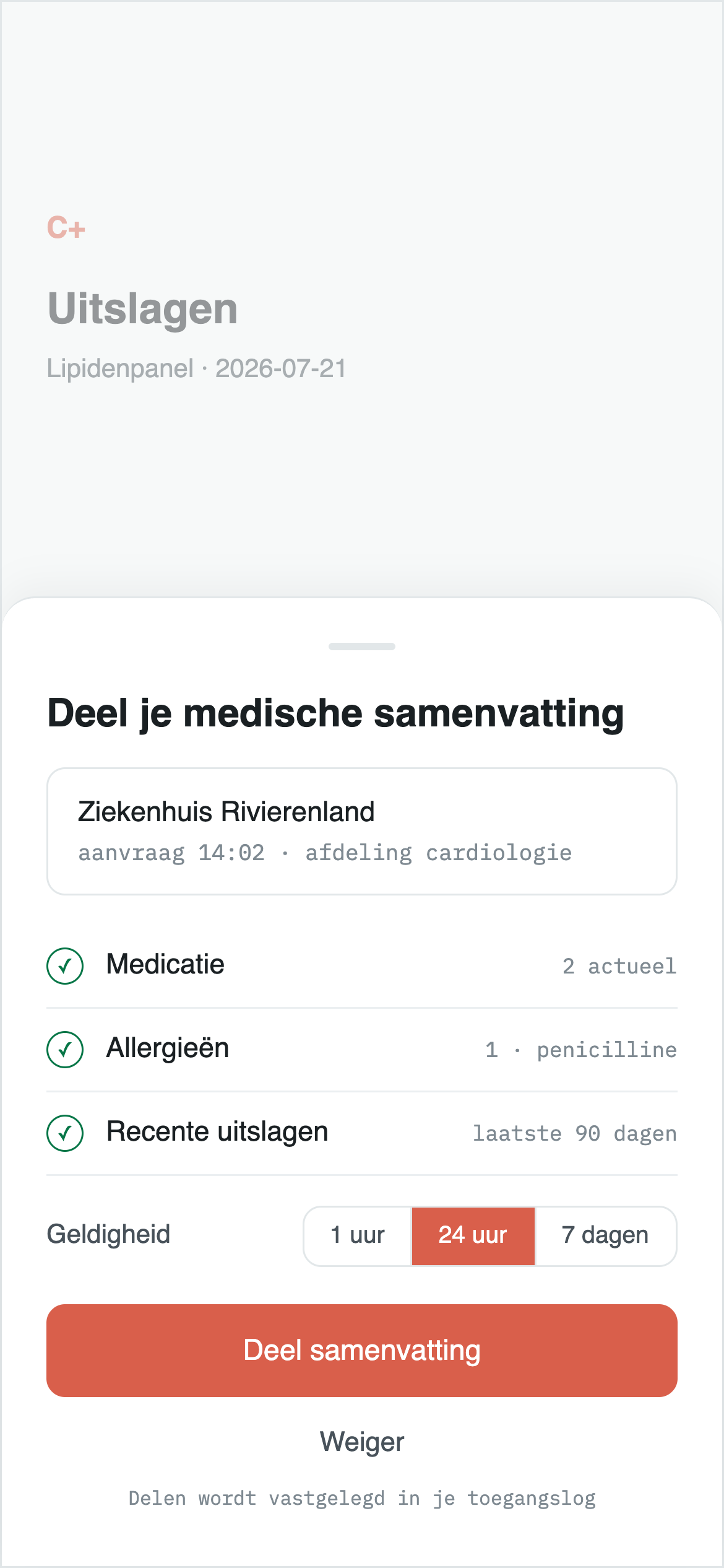 Carefolio mobile screen for sharing a medical summary